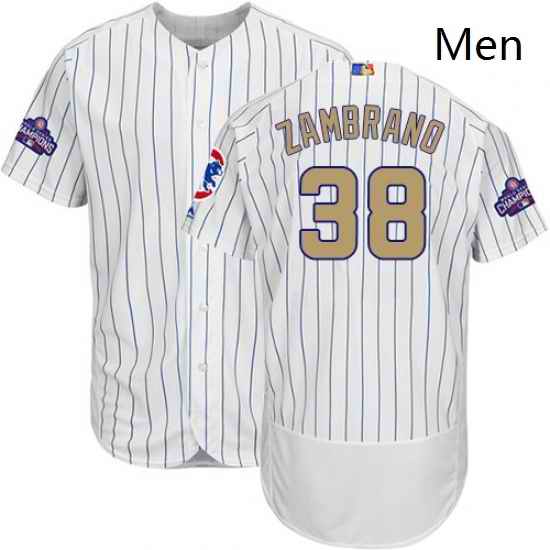 Mens Majestic Chicago Cubs 38 Carlos Zambrano Authentic White 2017 Gold Program Flex Base MLB Jersey